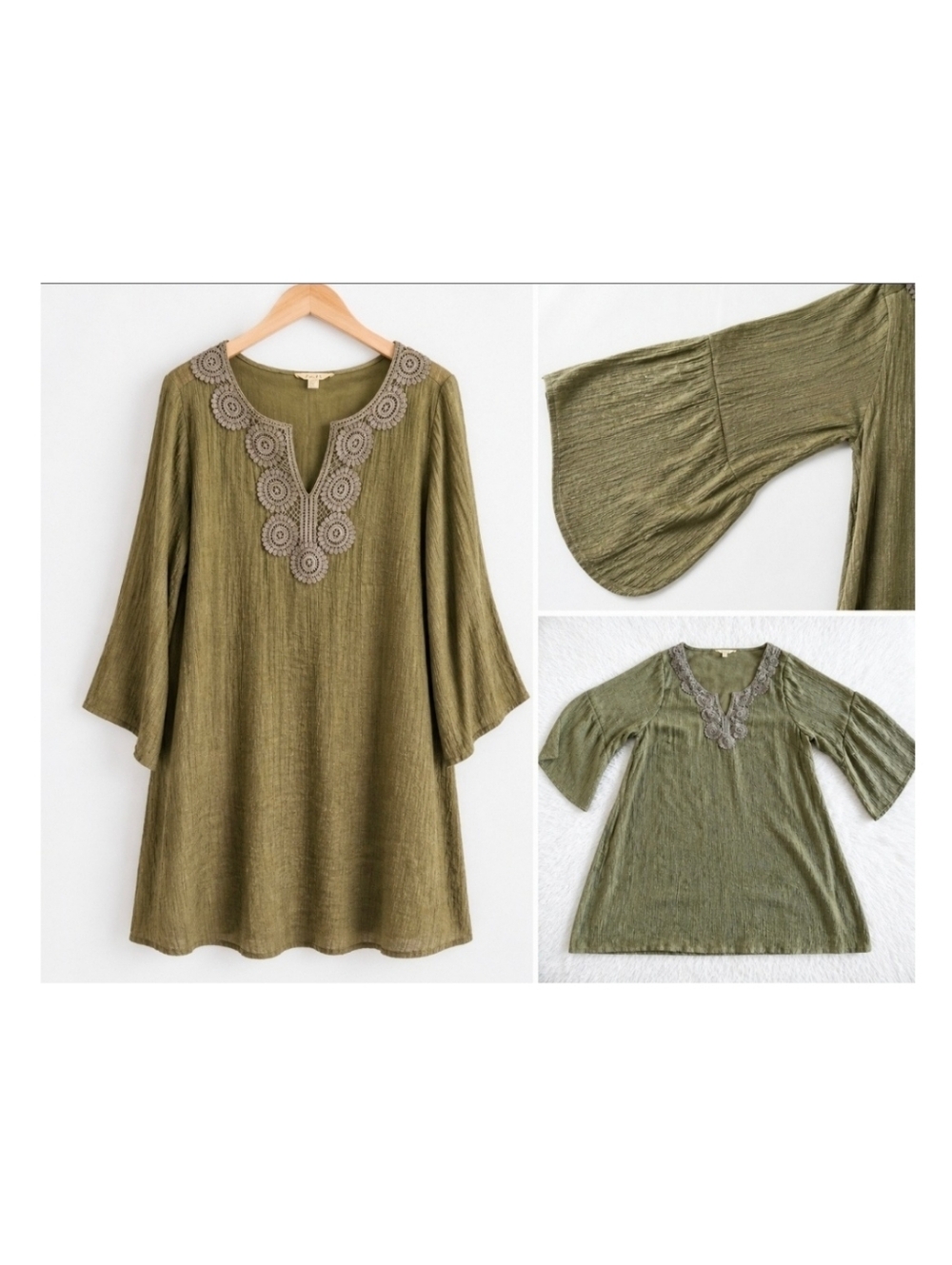 Indigo Olive Green Embroidered V-Neck Tunic with Bell Sleeves